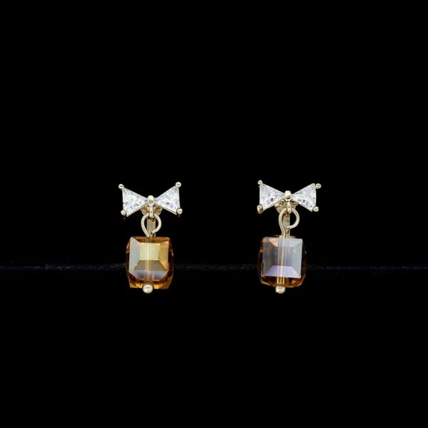 JEWELRY - EARRINGS - CLIP ON - ZIRCON - RIBBON Е466 - GOLD-BROWN-WHITE - PACKAGE (3 pairs)