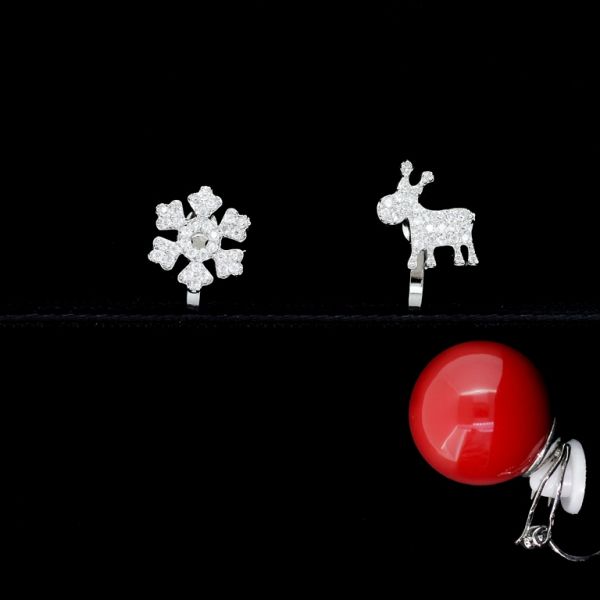 JEWELRY - EARRINGS - CLIP ON - ZIRCON - SNOWFLAKE AND DEER Е462 - SILVER (DARK)-RED-WHITE - 1 pair