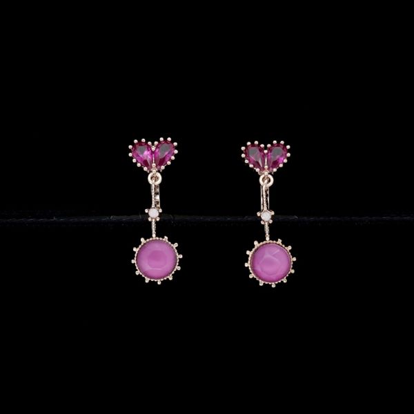 JEWELRY - EARRINGS - CLIP ON - ZIRCON - HEART Е453 - ROSE GOLD-CYCLAMEN (DARK)-PINK (DARK)- 1 pair