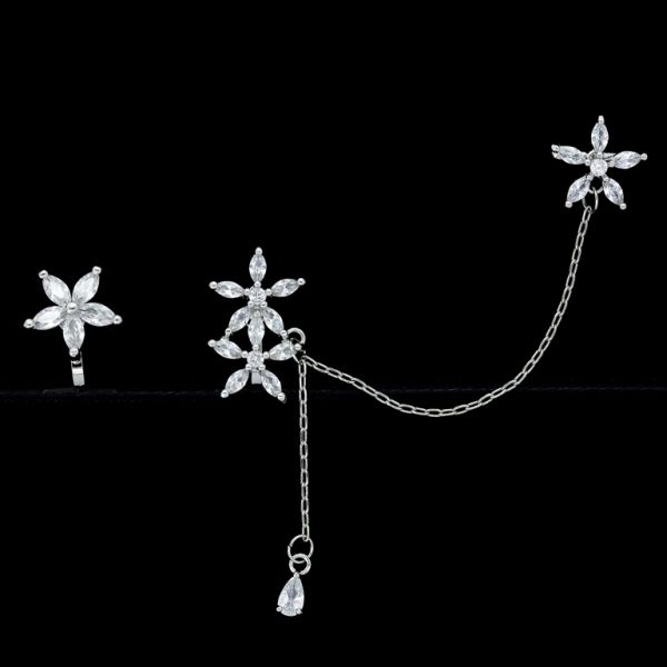 JEWELRY - EARRINGS - CLIP ON - ZIRCON - FLOWERS Е443 - SILVER-WHITE - PACKAGE (3 pairs)