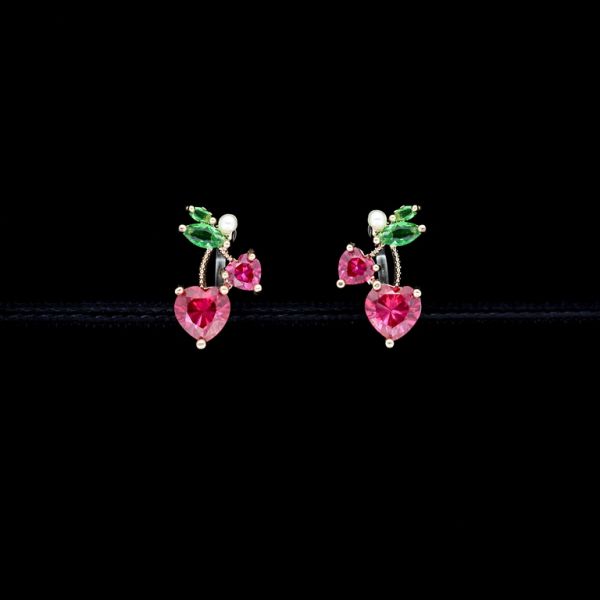 JEWELRY - EARRINGS - CLIP ON - ZIRCON - CHERRY HEARTS Е451 - ROSE GOLD-CYCLAMEN (DARK) - 1 pair