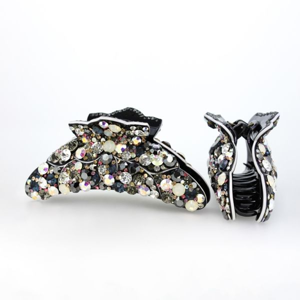 JEWELRY - BRACKET - CLAW HAIR CLIP WITH CRYSTALS SH056 - 13.0x4.6x4.9cm BLACK-WHITE - PACKAGE 2pcs.