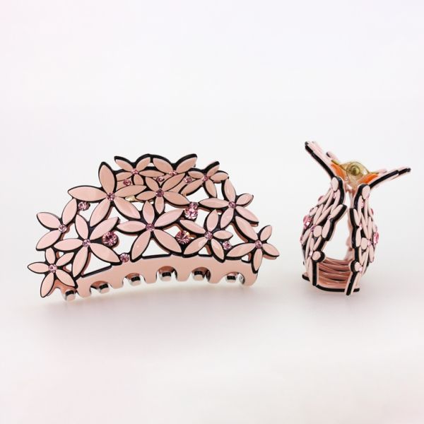 JEWELRY - BRACKET - CLAW HAIR CLIP WITH CRYSTALS SH070 - 8.5x4.0x3.6cm PEACH - PACKAGE 2pcs.