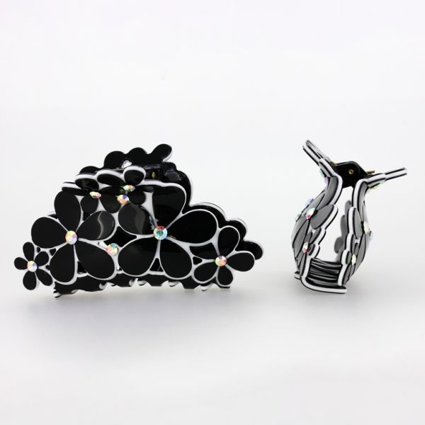 JEWELRY - BRACKET - CLAW HAIR CLIP WITH CRYSTALS SH071 - 8.7x4.2x3.6cm BLACK-WHITE - PACKAGE 2pcs.