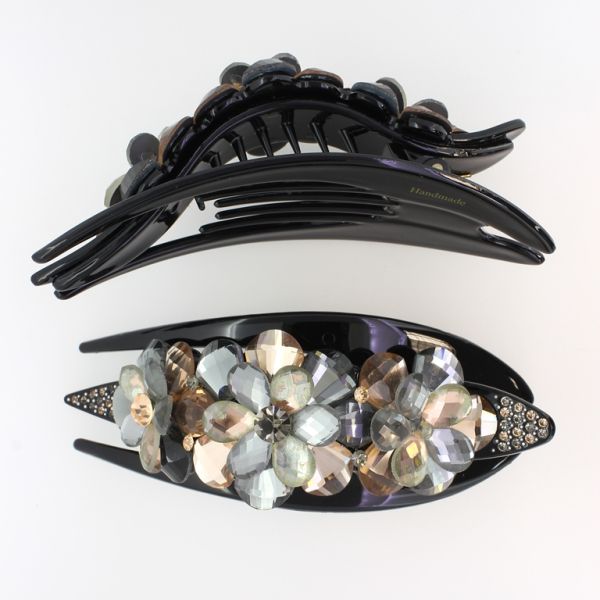 БИЖУТЕРИЯ - ШНОЛА ЩЪРКЕЛ 02 - ЩИПКА ЗА КОСА С КРИСТАЛИ SH040 - 13.0х5.2х3.5см ЧЕРНО-СИВО-БЕЖОВО - ПАКЕТ 2 бр.