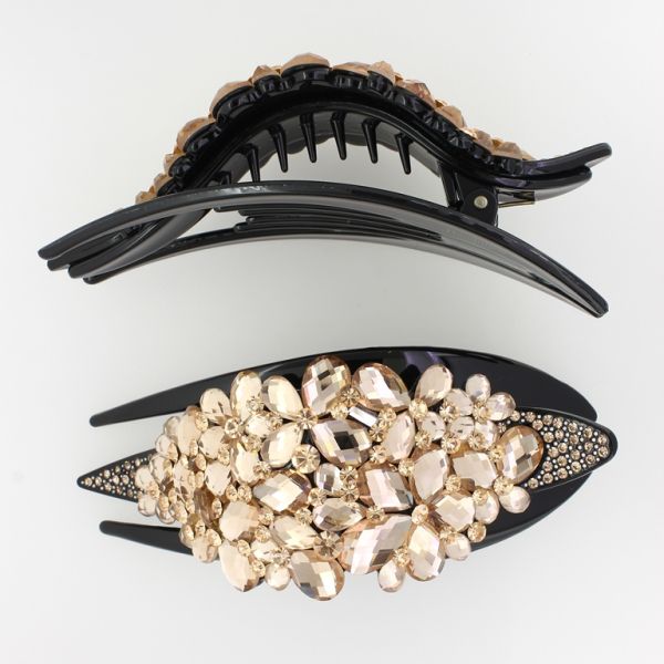 БИЖУТЕРИЯ - ШНОЛА ЩЪРКЕЛ 02 - ЩИПКА ЗА КОСА С КРИСТАЛИ SH041 - 13.0х5.2х3.5см ЧЕРНО-БЕЖОВО - ПАКЕТ 2 бр.