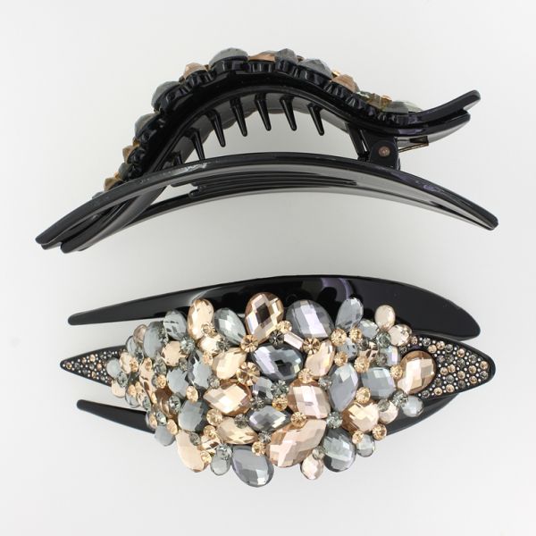 БИЖУТЕРИЯ - ШНОЛА ЩЪРКЕЛ 02 - ЩИПКА ЗА КОСА С КРИСТАЛИ SH041 - 13.0х5.2х3.5см ЧЕРНО-СИВО-БЕЖОВО - ПАКЕТ 2 бр.