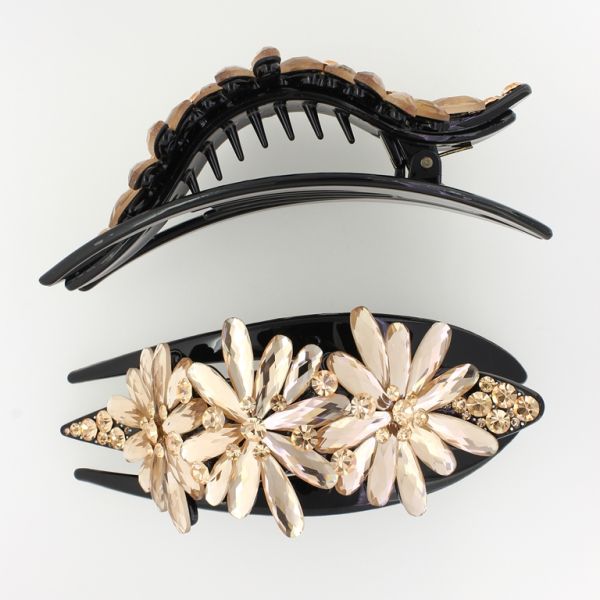 БИЖУТЕРИЯ - ШНОЛА ЩЪРКЕЛ 02 - ЩИПКА ЗА КОСА С КРИСТАЛИ SH042 - 13.0х5.2х3.5см ЧЕРНО-БЕЖОВО - ПАКЕТ 2 бр.