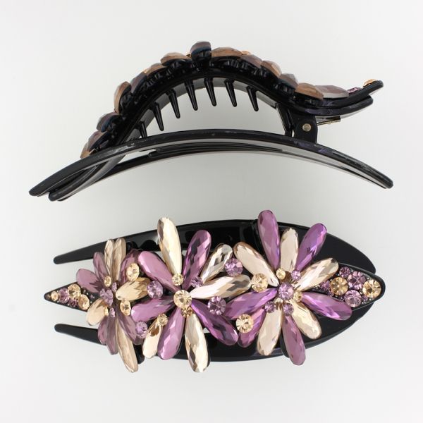 БИЖУТЕРИЯ - ШНОЛА ЩЪРКЕЛ 02 - ЩИПКА ЗА КОСА С КРИСТАЛИ SH042 - 13.0х5.2х3.5см ЧЕРНО-ЛИЛАВО-БЕЖОВО - ПАКЕТ 2 бр.