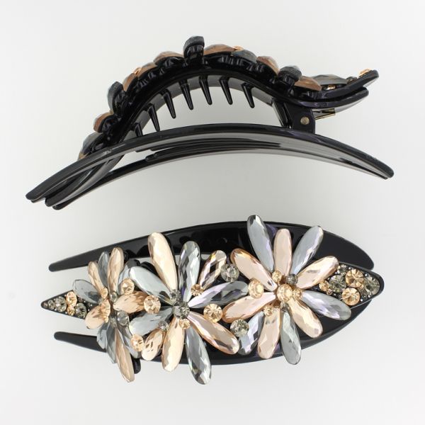 БИЖУТЕРИЯ - ШНОЛА ЩЪРКЕЛ 02 - ЩИПКА ЗА КОСА С КРИСТАЛИ SH042 - 13.0х5.2х3.5см ЧЕРНО-СИВО-БЕЖОВО - 1 бр.