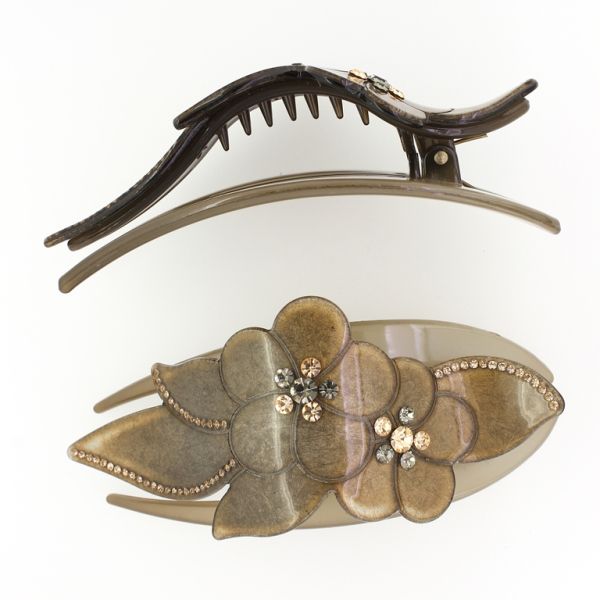 БИЖУТЕРИЯ - ШНОЛА ЩЪРКЕЛ 02 - ЩИПКА ЗА КОСА С КРИСТАЛИ SH044 - 11.5х5.0х2.7см КАФЯВО - ПАКЕТ 2 бр.