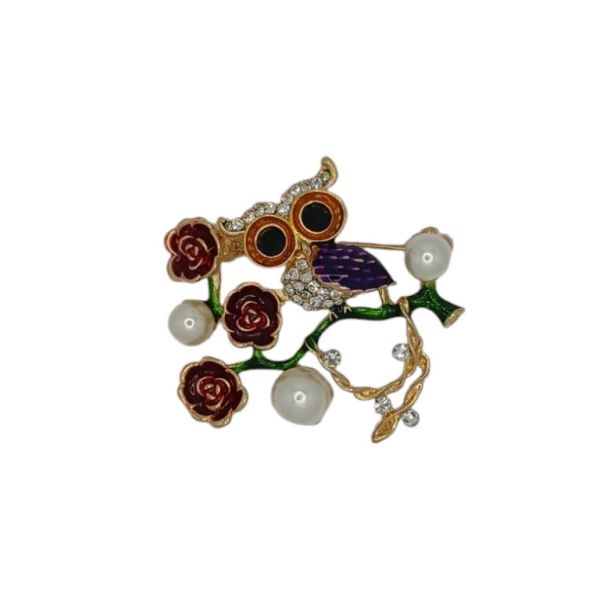 JEWELRY - BROOCH - ENAMEL AND CRYSTALS - OWL WITH PEARLS В179 - 5x4.7cm GOLD - 1pc.