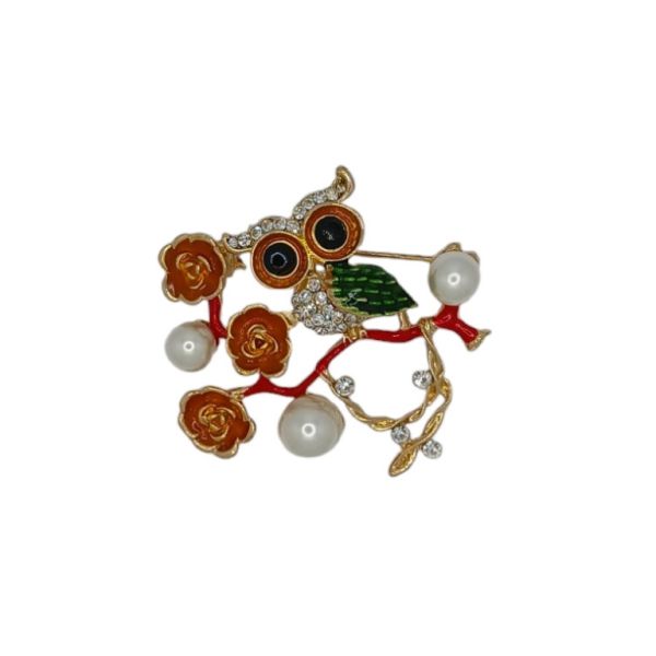 JEWELRY - BROOCH - ENAMEL AND CRYSTALS - OWL WITH PEARLS В179 - 5x4.7cm GOLD-ORANGE - 1pc.