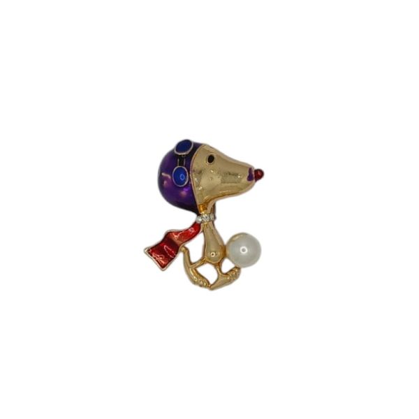 JEWELRY - BROOCH - ENAMEL AND CRYSTALS - DOG SNOOPY WITH PEARL В183 - 2.9x3.7cm GOLD-PURPLE - 1pc.