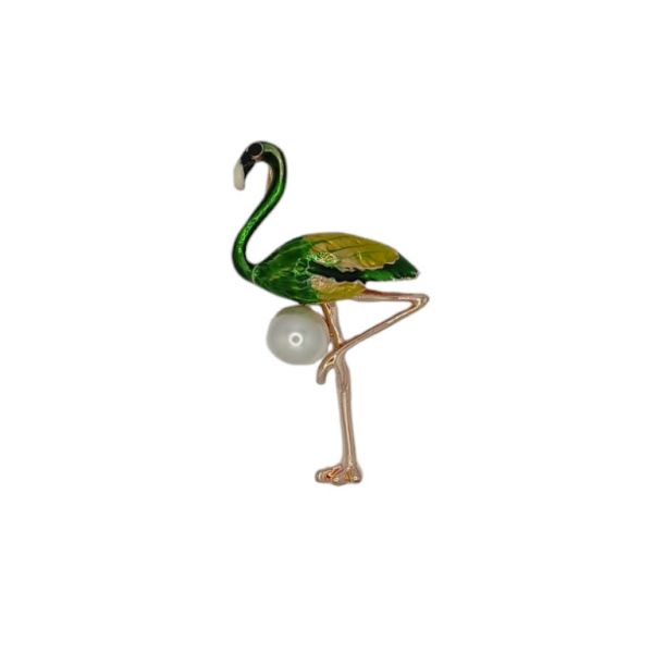 JEWELRY - BROOCH - ENAMEL AND CRYSTALS - FLAMINGO WITH PEARL В178 - 3x5.3cm GOLD - 1pc.