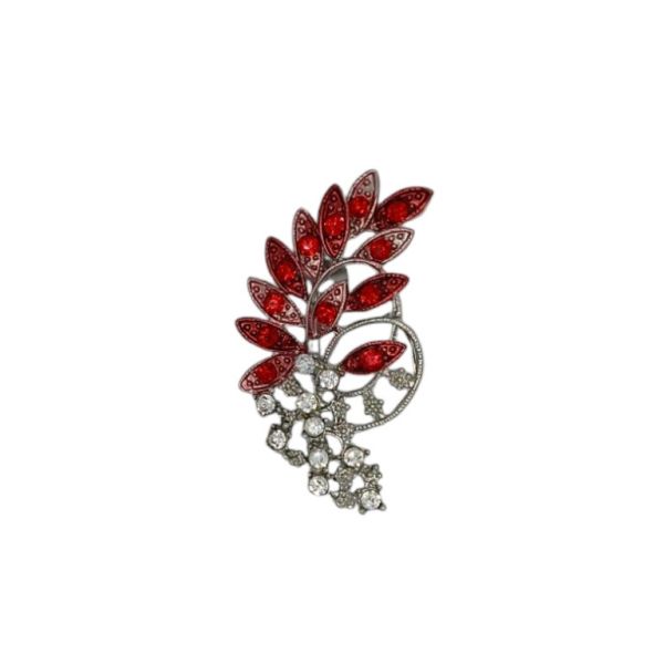 JEWELRY - BROOCH - METAL AND CRYSTALS - BRANCH В196 - 2.8x5cm NICKEL-WHITE-RED - 1pc.