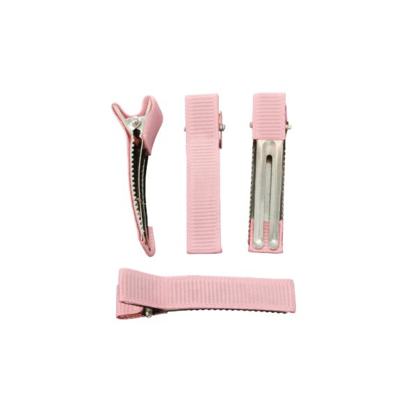 METAL ELEMENTS - CROCODILE DUCKBILL HAIR CLIP WITH TEETH 03 - METAL AND SATIN - 48x10x12mm NICKEL COLOR AND PINK 008 - 5pcs.