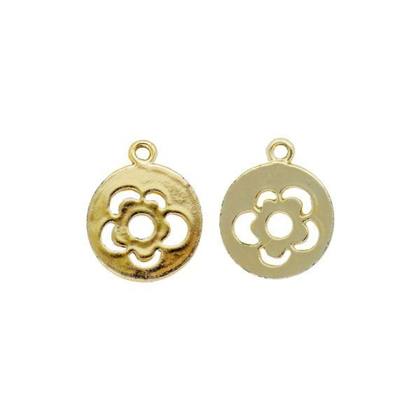 METAL BEADS WITH GLOSS - PENDANT - CIRCLE 17 WITH FLOWER - 27x21x1.3mm GOLD (LIGHT) - PACKAGE 100g 50pcs. Hole-2.0mm
