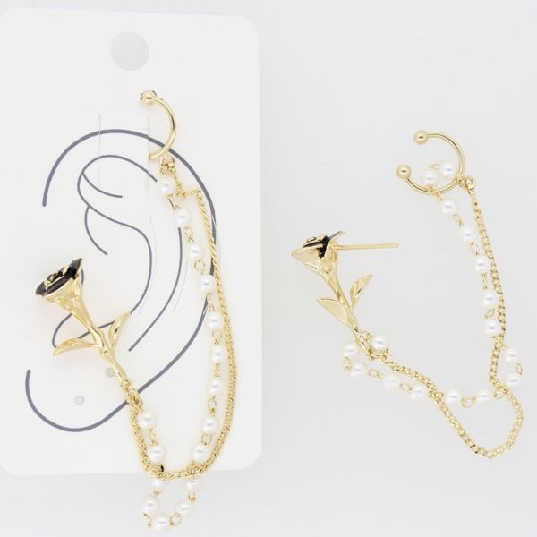 JEWELRY - EARRINGS - FOR CARTILAGE (CUFF) - LEFT - BRASS AND PEARLS Е473 - GOLD AND WHITE - PACKAGE (3pcs.)