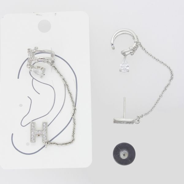 JEWELRY - EARRINGS - FOR CARTILAGE (CUFF) - LEFT - BRASS AND ZIRCON Е480 - NICKEL AND WHITE - PACKAGE (3pcs.)