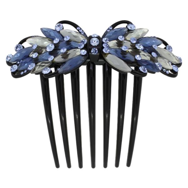 JEWELRY - DECORATIVE COMB WITH GLASS CRYSTALS DG012 - 11x9.4cm BLACK WITH WHITE AND BLUE - 1pc.