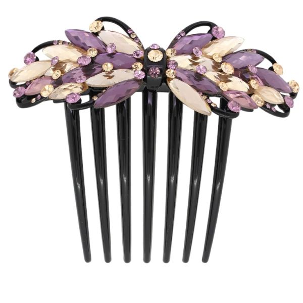 JEWELRY - DECORATIVE COMB WITH GLASS CRYSTALS DG012 - 11x9.6cm BLACK WITH BEIGE AND PURPLE - PACKAGE 2pcs.