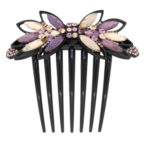 JEWELRY - DECORATIVE COMB WITH GLASS CRYSTALS DG013 - 10x9.6cm BLACK WITH BEIGE (LIGHT) AND PURPLE - PACKAGE 2pcs.