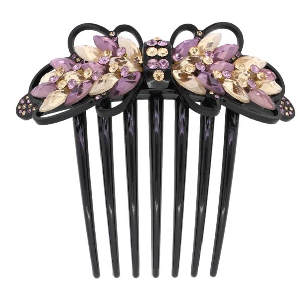 JEWELRY - DECORATIVE COMB WITH GLASS CRYSTALS DG014 - 10x10cm BLACK WITH BEIGE (LIGHT) AND PURPLE - 1pc.