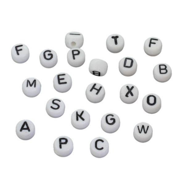 ACRYLIC BEADS - LETTERS - DISK - 6x5mm WHITE WITH BLACK - PACKAGE 500g Hole-1.8mm (3160pcs.)