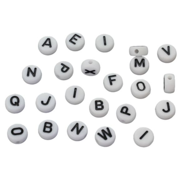ACRYLIC BEADS - LETTERS - DISK - 7x3mm WHITE WITH BLACK - PACKAGE 500g Hole-1.2mm (3850pcs.)