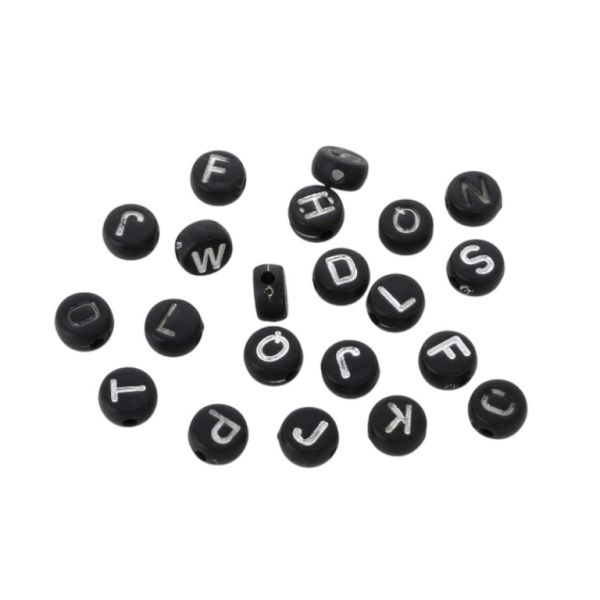ACRYLIC BEADS - LETTERS - DISK - 7x4mm BLACK WITH SILVER - SECOND-RATE - PACKAGE 500g Hole-1.6mm (3880pcs.)