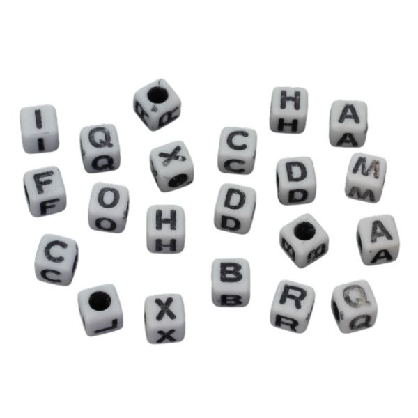 ACRYLIC BEADS - LETTERS - CUBE - 6x6mm WHITE WITH BLACK - PACKAGE 500g Hole-3.0mm (3000pcs.)