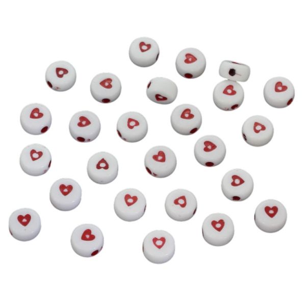 ACRYLIC BEADS - DISK HEART 02 - 7x4mm WHITE WITH RED - PACKAGE 500g Hole-1.8mm (4140pcs.)