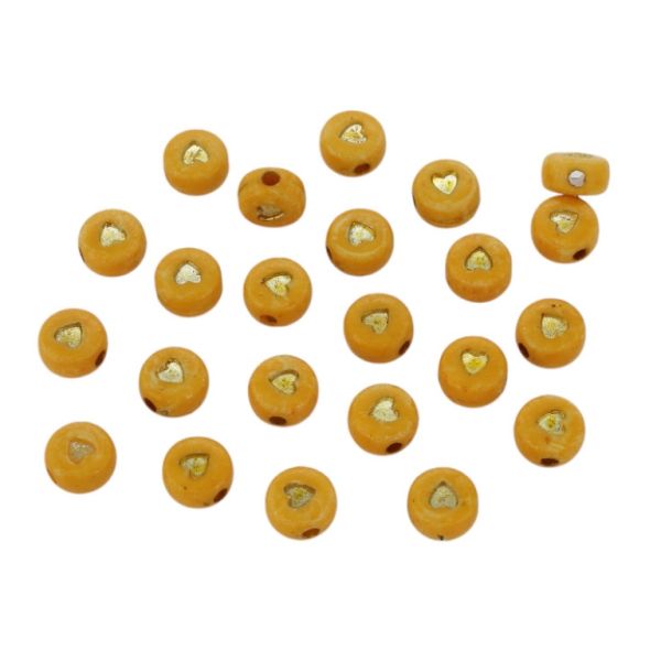 ПЛАСТМАСОВИ МЪНИСТА - ДИСК СЪРЦЕ 03 - 7х4мм ОРАНЖЕВО И ЗЛАТИСТО - 50 гр. Отвор-1.4мм (397 бр.)