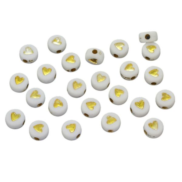 ACRYLIC BEADS - DISK HEART 04 - 7x4mm WHITE WITH GOLD - PACKAGE 500g Hole-1.4mm (4070pcs.)