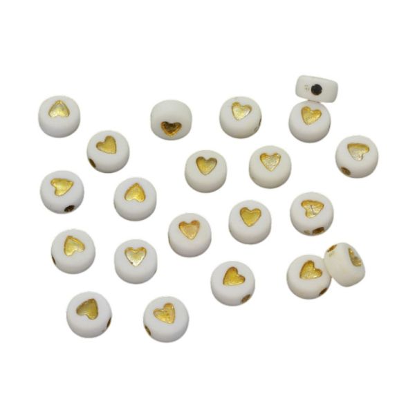 ACRYLIC BEADS - DISK HEART 04 - 7x4mm ECRU (LIGHT) WITH GOLD - PACKAGE 500g Hole-1.4mm (3920pcs.)