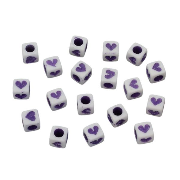 ACRYLIC BEADS - CUBE HEART 02 - 6x6mm WHITE WITH PURPLE - PACKAGE 500g Hole-3.0mm (2900pcs.)