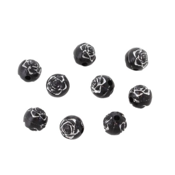 OPAQUE SILVER WASHED PLASTIC BEADS - SILVER THREAD - BALL ROSE 02 - BLACK - 8mm - PACKAGE 500g Hole-1.8mm (2070pcs.)