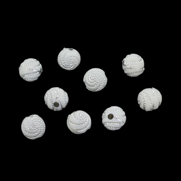 OPAQUE SILVER WASHED PLASTIC BEADS - SILVER THREAD - BALL SPIRAL - 10mm WHITE - PACKAGE 500g Hole-2.0mm (980pcs.)