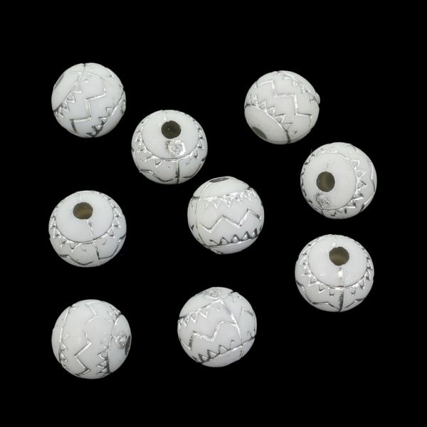 OPAQUE SILVER WASHED PLASTIC BEADS - SILVER THREAD - BALL EMBROIDERY 02 - WHITE - 10mm - PACKAGE 500g Hole-2.0mm (920pcs.)