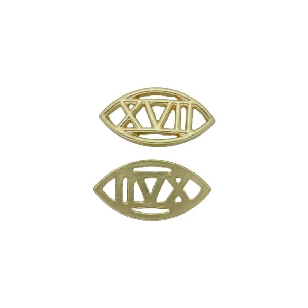 МЕТАЛНИ ЕЛЕМЕНТИ С ГЛАНЦ - ЕЛИПСА 01 РИМСКО ЧИСЛО - 24х13х2мм ЗЛАТИСТО - ПАКЕТ 100гр. 51 бр.