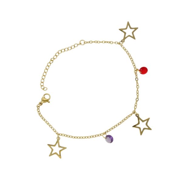 JEWELRY - CHAIN ​​BRACELET - STAINLESS STEEL AND ZIRCON - STAR G131 - GOLD-PURPLE-RED - 1pc.