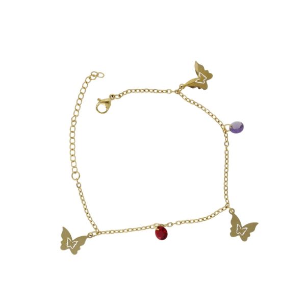 JEWELRY - CHAIN ​​BRACELET - STAINLESS STEEL AND ZIRCON - BUTTERFLY G130 - GOLD-PURPLE-RED - 1pc.