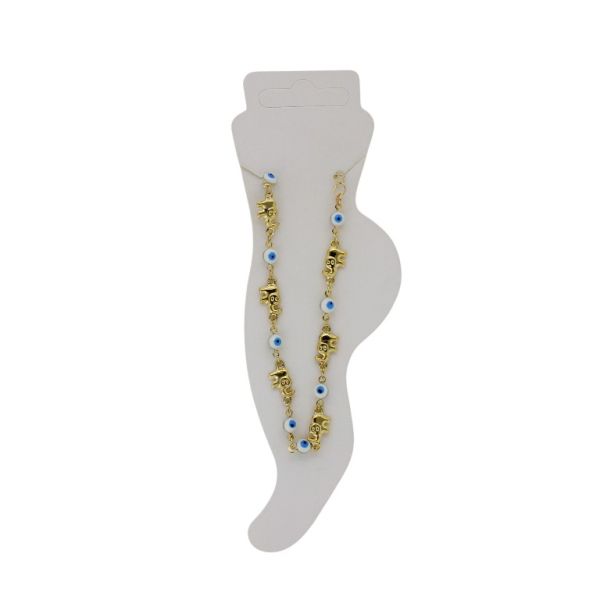 БИЖУТЕРИЯ - ГРИВНА ЗА КРАК - МЕСИНГ И ЕМАЙЛ - СИНДЖИР - 19 см ОКО И СЛОН GK045 - ЗЛАТИСТО И СИНЬО - 1 бр.