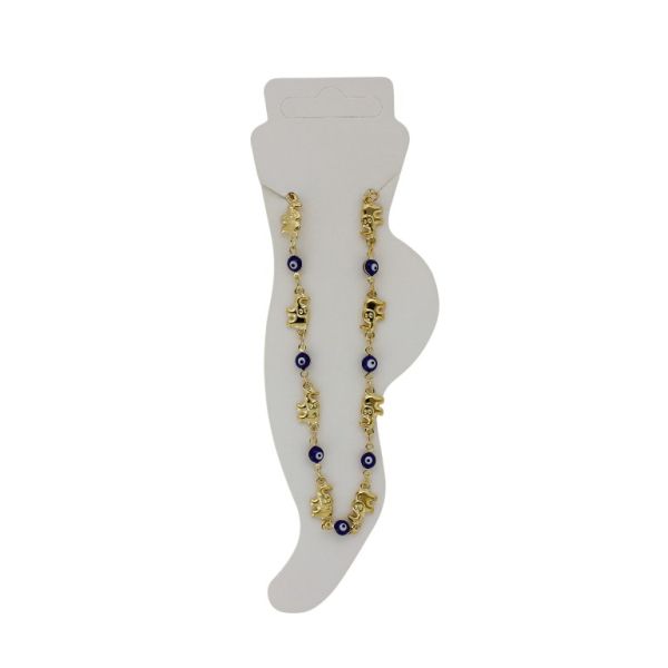 JEWELRY - ANKLET - BRASS AND ENAMEL - CHAIN - 19cm EYE AND ELEPHANT GK045 - GOLD AND BLUE (DARK) - 1pc.