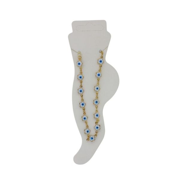 JEWELRY - ANKLET - BRASS AND ENAMEL - CHAIN - 19cm EYE FLOWER GK046 - GOLD AND BLUE - 1pc.