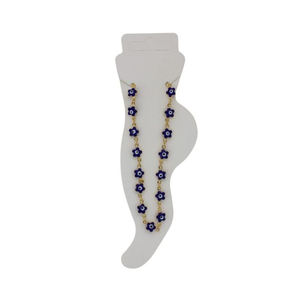 JEWELRY - ANKLET - BRASS AND ENAMEL - CHAIN - 19cm EYE FLOWER GK046 - GOLD AND BLUE (DARK) - 1pc.