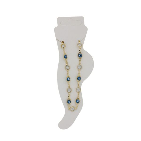 JEWELRY - ANKLET - BRASS AND ENAMEL - CHAIN - 20cm EYE AND CRYSTAL GK047 - GOLD AND TURQUOISE - 1pc.
