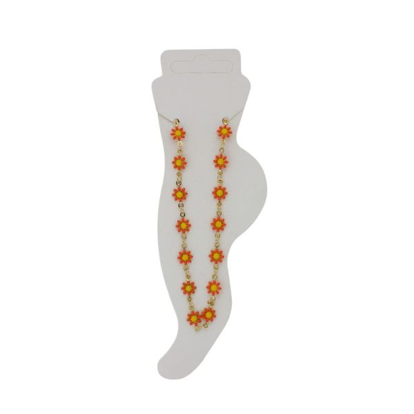 JEWELRY - ANKLET - BRASS AND ENAMEL - CHAIN - 20.5cm FLOWER GK048 - GOLD AND ORANGE - 1pc.