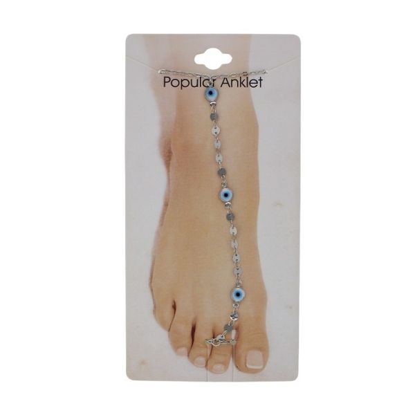 JEWELRY - ANKLET - METAL AND ENAMEL - CHAIN - 20.5cm EYE AND CIRCLE GK102 - NICKEL AND BLUE (LIGHT) - 1pc.